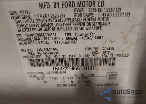 2016 Ford Taurus Limited z USA, uszkodzony, nr VIN 1FAHP2F88GG134141